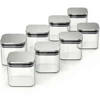 Arendo Aufbewahrungsbecher Glasbehälter-Set 8x 0,8 L Borosilikatglas mit Edelstahldeckel, Borosilikatglas, Edelstahl, Silikon, (Vorratsbehälter-Set, 8-tlg., 8er Set), Hitzebeständig, umweltfreundlich, langlebig, mikrowellengeeignet