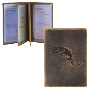Ausweisetui Leder Hecht-Prägung antikbraun 12x16cm | Greenburry Vintage Dokumentenhülle 3-teilig. Hochwertiges Etui für Ausweise und Jagdscheine.