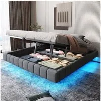 Merax Polsterbett schwebendes Design mit LED-Lichtleiste (1-tlg., Hydraulisches Stauraumbett Mehrzweckbett), Doppelbett 180x200cm mit hydraulischem Stauraum, ohne Kopfteil, Leinen