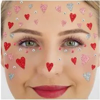 Party Factory Strass-Tattoo Glitter Face Tattoo - Herzen, mit Glitzerelementen und Strass-Steinchen je nach Wahl