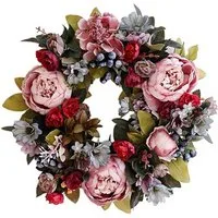 TUWENA Dekokranz Künstlicher Türkranz Dekoration, Pfingstrose Blume Haustürkranz, für Frühling und Sommer All Seasons Blumenkranz Runde Reisig