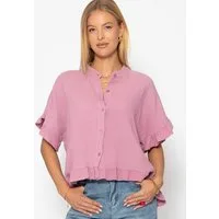SASSYCLASSY Kurzarmbluse Oversize Musselin Hemdbluse Damen mit Rüschensaum Kurzärmelige Musselinbluse aus Baumwolle mit V-Ausschnitt