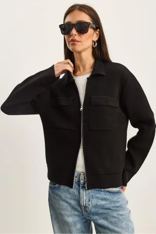 Rippstrick-Cardigan mit Reißverschluss und Taschen