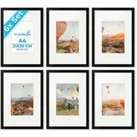 PHOTOLINI Bilderrahmen 6er Set 21x30 cm / A4 Poster-Rahmen mit Passepartout zum Aufhängen, für 6 Bilder (6er Set), MDF Holz, bruchsicheres Acrylglas & Zubehör, für Fotos & Poster