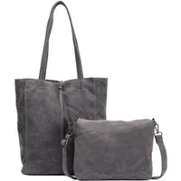 ITALYSHOP24 Schultertasche SET 2in1 Damen Tasche Umhängetasche XXL Hand-Tasche Shopper Tote Bag, Crossbody Reisetasche Henkeltasche Workbag Veganes Wildleder CrossOver