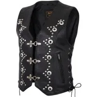 MDM Lederweste Damen Lederweste Schwarz mit Nieten Conchos und Schnallen (Damen Bikerweste aus Echtleder mit Nieten, Conchos und Schnürung) Damen Biker Lederweste mit Nieten, Conchos und Schnürung