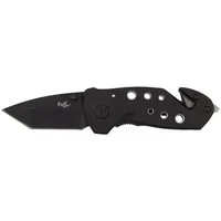 FoxOutdoor Taschenmesser Klappmesser, Einhand, schwarz, gelochter Griff, Gurtschneider, (Packung), gelochter Metallgriff mit Glasbrecher, Gurtschneider