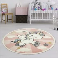 TeppichHome24 Kinderteppich Kinderteppich mit Einhorn Regenbogen in Rosa Creme, Rund, Höhe: 1.3 mm