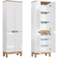 Lomadox Hochschrank SOLNA-56 mit 4 Türen Hochglanz weiß mit Wotaneiche, BxHxT ca. 60x187x33cm