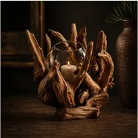 Möbel Bressmer Kerzenständer Vondro Kerzenhalter aus Holz und Teakwurzelholz mit Glas