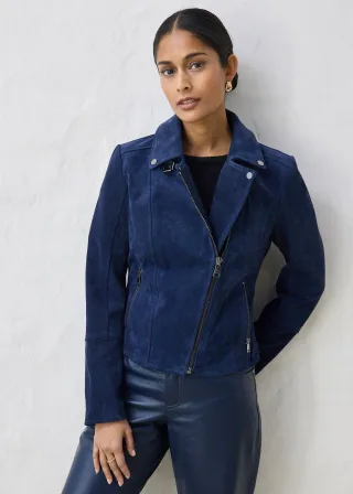 bonprix Biker-Velourslederjacke, blau, Gr.44, coole Biker-Lederjacke aus hochwertigen Veloursleder, aus Veloursleder