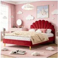 PXloue Polsterbett Doppelbett Jugendbett 140x200cm, mit Muschel-Kopfteil,Einzigartiges Design für Stil und Komfort