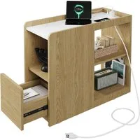 GarveeMore Beistelltisch Mit Ladestation Nachttisch mit Schublade Und Rollen,2 Steckdosen, USB Und USBc-Anschluss,Höhenverstellbarem Einlegeboden,Feststellrollen