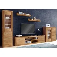 OTTO home Wohnwand Logo,Fronten Massivholz,Korpus Holzwekstoff,Böden versetzbar, (Set, 5-St), Türanschlag hohe Vitrine wechselbar,bei TV Teil Kabeldurchführung
