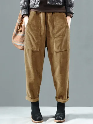 ZANZEA Corduroy Elastic Waist Solid Color Side Pocket Harem Pants