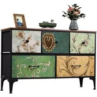 WLIVE Kommode Kommode mit Schubladen aus Stoff, Boho Vintage Schubladenschrank (Wohnzimmer & Flur, Holzoptik & Stoffschubladen, 5), dekorativer Aufbewahrungsschrank