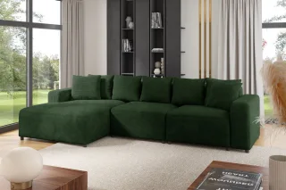 Ecksofa Designersofa Sofa MEGAN in Stoff Poso Dunkelgrün Ottomane Links