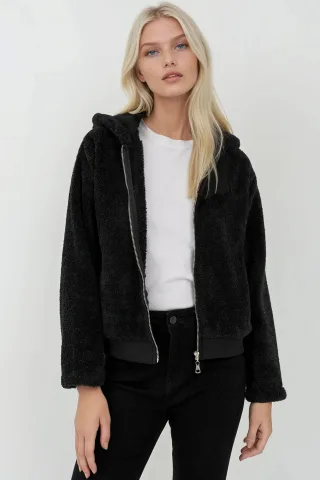 Strukturierte Fleecejacke mit durchgehendem Reißverschluss und Kapuze
