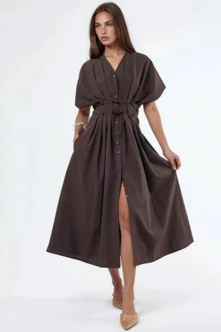 Lässiges V-Ausschnitt Midi-Hemd Kleid