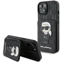 KARL LAGERFELD Handyhülle Case iPhone 15 aufstellbar Figur Kunstleder schwarz Logo 6,1 Zoll, Kantenschutz