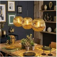 hofstein Hängeleuchte Hängelampe aus Metall/Riffelglas in Schwarz/Goldfarben, Pendelleuchte im Retro/Vintage-Design, Schirme Ø 30 cm, 3 x E27
