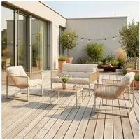 casa.pro Gartenlounge-Set, (Set, 4-tlg., 1 Couchtisch, 1 Sitzbank, 2 Sessel), »Karg« mit Polsterkissen Stahlgestell Beige/Rattanoptik