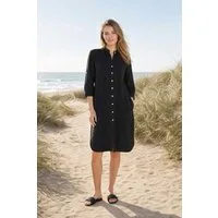 NADINE H Sommerkleid Leinenkleid im eleganten Schwarz mit Taschen und Knopfleiste