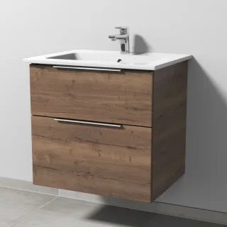 Sanipa 3way Keramik-Set Venticello Keramik-Waschtisch und Unterbau mit 2 Auszügen, Eiche-Tabak UM32250