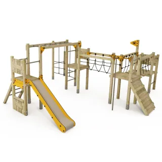 Professioneller Spielturm PRO MAGIC Track - zertifizierter Spielplatz mit Rutsche, Hangelleiter & Kletterelementen 9x9 cm für Kinder - Wickey