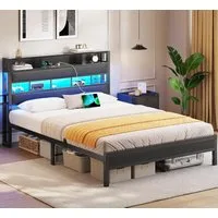 MSMASK Metallbett mit LED Beleuchtung & Ladestation, Kinderbett Jugendbett (1-tlg., Ohne Matratze), Bettgestell 140x200cm
