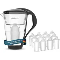 PerloPur Wasserfilter Glas Schwarz Inkl. 12 Universal Filterkartuschen, Zubehör für Brita Classic u. PearlCo Classic