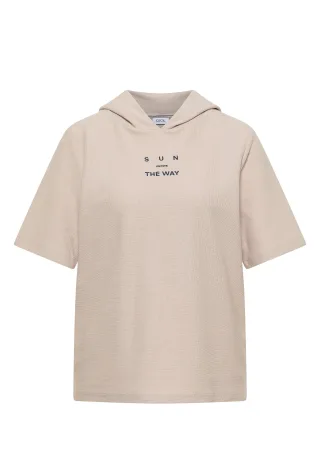 CECIL - Kurzarm Shirt mit Kapuze und Wording cashmere beige - Gr. - L