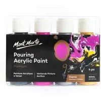 Mont Marte Bastelfarbe PREMIUM Pouring Acrylfarbe, Gieß-Acryl, je 4 x 60 ml, diverse Sets, Untereinander vermischbar & Bereits mit Pouring Medium vorgemischt