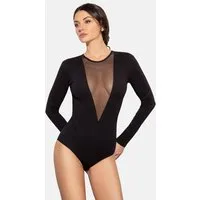 Evoni Body Damen Langarmbody V-Dekollete Tüll Blickdicht