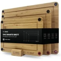 REDSALT® Schneidebrett innovatives Bambusbrett 3er Set rutschfest, 3er Set, (3er Set, 38x26x1,5, 32x22x1,5, 26x18x1,5 cm), 100% Bio Bambus, tiefe Saftrille, beidseitige Silikonfüße