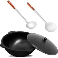 BIG-PAN Feuertopf Original Usbekischer Kasan 8 L Gusseisen Aluminium-Deckel Dutch Oven, Gusseisen (inkl. Schöpfkelle Schaumlöffel, Uzbekischer Kessel Namangan), asiatischer Topf für Plov Wok Eintöpfe