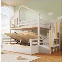 Merax Etagenbett 90x200 & 140x200 cm mit Hausdesign (1-St., Jugendbett Doppelbett Stockbett Spielbett mit Fensteroptik), Kiefernholz Kinderbett mit hydraulischem Stauraum, Treppe & Geländer