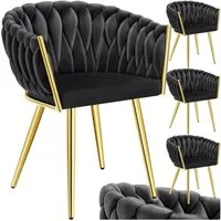 tectake Esszimmerstuhl Samtstuhl gepolstert, mit Samtbezug, Knotendesign, 60,5 x 55 x 75 cm (Polsterstuhl Astano in schwarz/gold, 4 St), Stahlbeine, höhenverstellbare Kunststofffüße, Belastbarkeit 120 kg