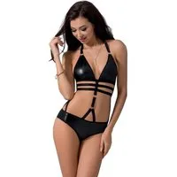Passion Body Harness-Body Lamis schwarz Kunstleder + goldene Metallringe