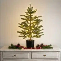 Spetebo Künstlicher Weihnachtsbaum Tannenbaum 60 cm Höhe im schwarzen Blumentopf beleuchtet mit 30 LED, dekoriert mit einer 30 LED Lichterkette