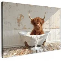 OneMillionCanvasses® Leinwandbild Schottischer Highlander - Badewanne - Vintage - Kuh, Fotodruck (1 St), Bilder für Badezimmer, Bad und Toiletten Deko, Bild WC 30x20 cm