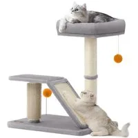 FEANDREA Kratzbaum mit Liegefläche, multifunktionaler Katzenbaum, für Katzen, 66,6cm hoch, mit Plattform, drehbare Rampe, Katzenbürste, Plüschbälle, Kratzsäule