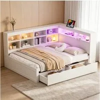 REDOM Stauraumbett mit USB-Steckdose und LED-Beleuchtung, mit Regalen und Ablagefächern (mit Schubladen,Kinderbett Jugendbett, 140x200cm), Inklusive Matratze