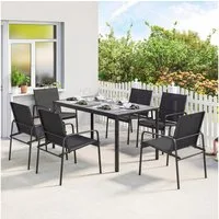 Outsunny Garten-Essgruppe Tisch mit 6 Atmungsaktiven Stühlen, Holzoptik, Stahlrahmen, (Gartenset, 7-tlg., Gartenmöbel Set), für Garten Balkon Terrasse Schwarz