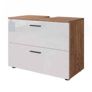 Vicco Waschbeckenunterschrank, Weiß Hochglanz, Honigeiche, Holzwerkstoff, 2 Fächer, 2 Schubladen, Rechteckig, 80x58.6x41 cm, Badezimmer, Badezimmerschränke, Waschbeckenunterschränke