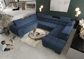 Wohnlandschaft Schlafsofa BASTIEN XL in Stoff Moly Dunkelblau Ottomane Rechts
