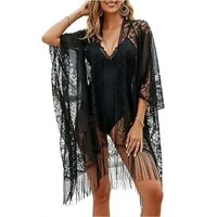 Mutig Strandkleid Spitzen-Kimono Strandponcho für Damen eleganter Badeanzug CoverUp (Boho Kimono Poncho, lockere Strandtunika mit Quasten-Cardigan., Strickjacke als Bikini Beachwear Cardigan – ideale Resortbekleidung) für Urlaub, Pool, Strand und Par