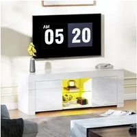 HOMCOM TV-Board mit 2 Türen, RGB LED Leuchte, Glasregal, Kabelmanagement (Hochglanz TV Lowboard, 1 St., TV Board), für Wohnzimmer Weiß 120x34x45cm