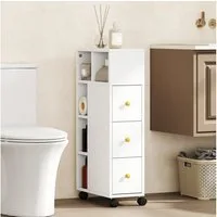 HOMCOM Badkommode mit 4 Rollen, 3 Schubladen, 5 offenen Fächern (Badezimmerschrank Schmal, 1 St., Badschrank), für Kleine Räume, 20 x 40 x 80 cm, Weiß