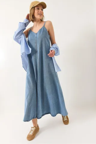 Maxi V-Ausschnitt Denim-Kleid mit Knopfverschluss